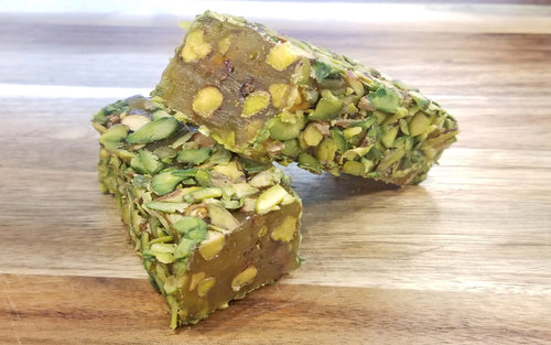 SUJUK WITH PISTACHIO AND HONEY FLAVOR COATED WITH SLICED PISTACHIO by Paris Pastry in Michigan USA